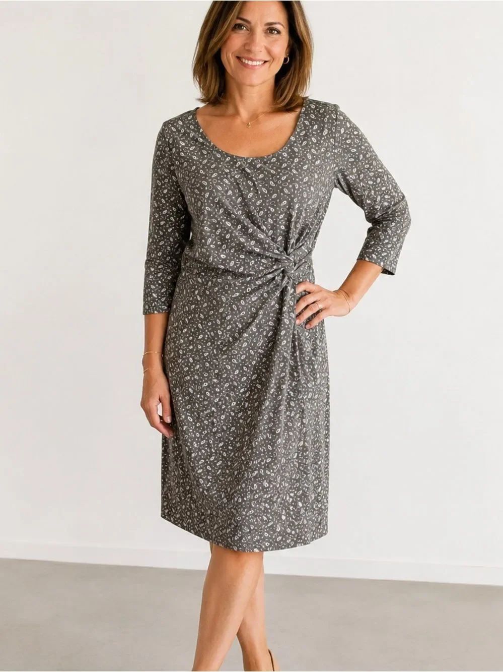 Lands’ End Midi Dress Olive Green Paisley Print Knit Twist Front Classic SZ M